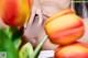 A woman with her tongue sticking out in front of a bunch of tulips.