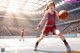 A woman in a red uniform holding a basketball on a court.