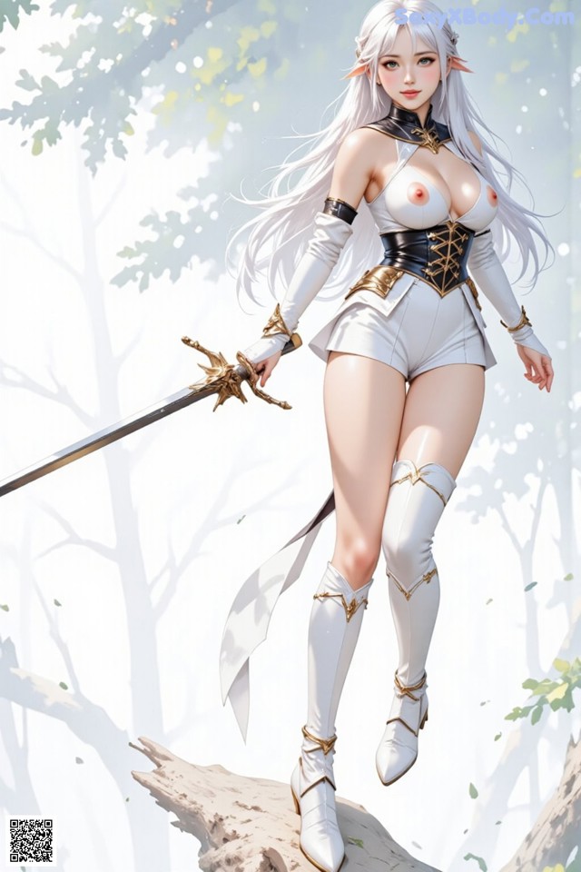 A woman with long white hair and pointed ears holds a sword, dressed in a white and gold outfit.