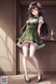 A girl in a green dress and white stockings posing for a picture.