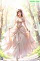 A woman in a wedding dress walking through a forest.